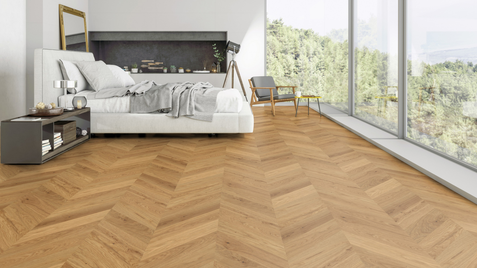 Ter Hürne prantsuse kalasabaparkett Chevron harjatud lakitud